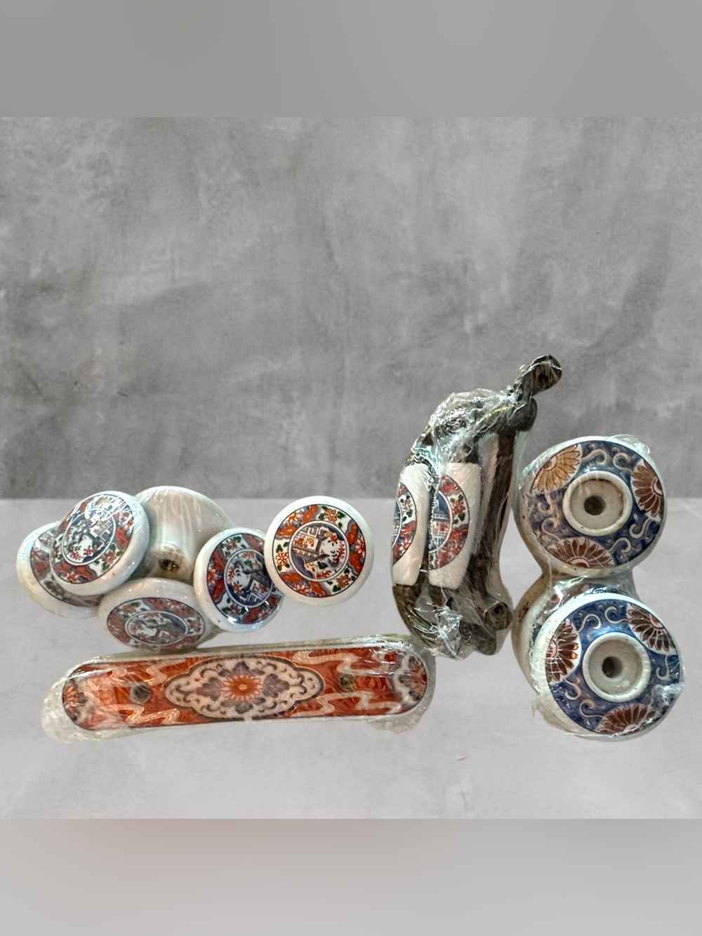 16 PIECE Vintage Brass Porcelain Dresser Drawer Handles & Knobs - Floral Asian